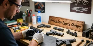 Custom Glock slide installation at https://precisionglockslides.com with precision tools and expert craftsmanship.