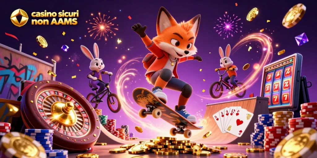 Provare emozioni nei casino sicuri non AAMS con una volpe e un coniglio in un vivace mondo di gioco 3D.