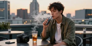 Young adult enjoying a modern electronic cigarette device in an urban setting, showcasing the lifestyle around 電子菸主機.