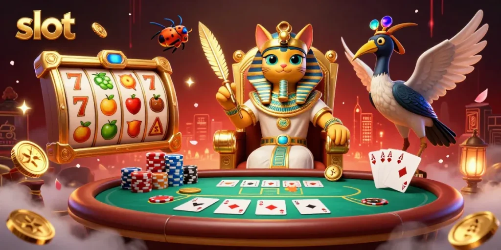 Spin and win with the slot-themed 3D illustration of a pharaoh cat and vibrant slot elements.