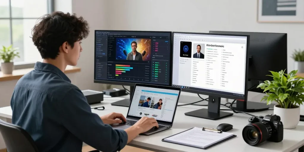 AI image detector tool in action, professional analyzing images in a modern workspace.