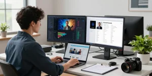 AI image detector tool in action, professional analyzing images in a modern workspace.