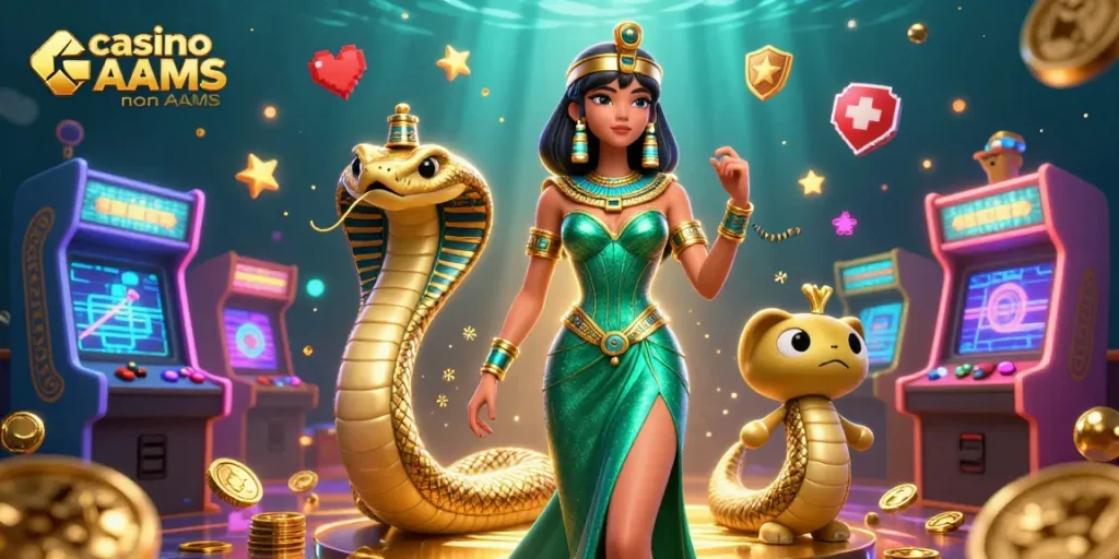 Immergiti nel vivace mondo dei casino sicuri non AAMS con una scena 3D riccamente dettagliata che presenta una donna elegante e il suo compagno cobra.