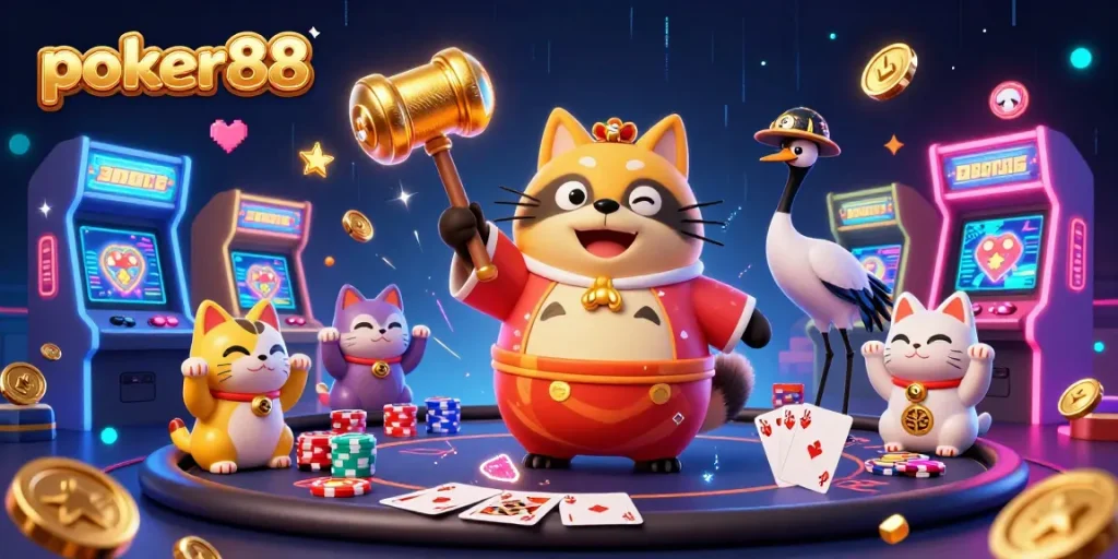 Poker88 online gaming champions playing at animated poker tables, experiencing thrilling wins with vibrant 3D effects