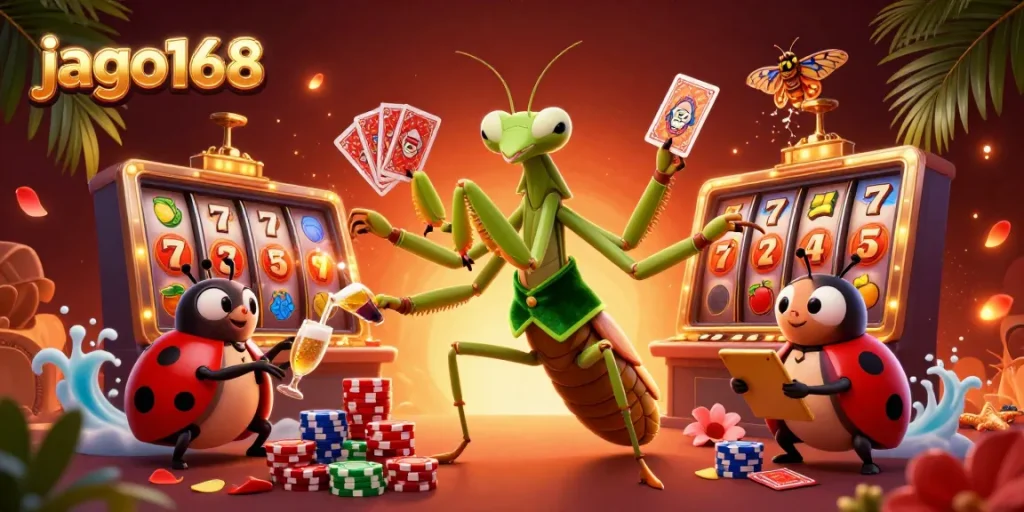 Experience the excitement of jago168 with a vibrant casino scene showcasing a mantis dealer and ladybug pit boss.