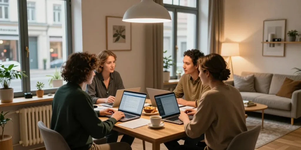 Monteurzimmer mieten Hannover in gemütlichem Apartment mit Geschäftsreisenden, die entspannt diskutieren.