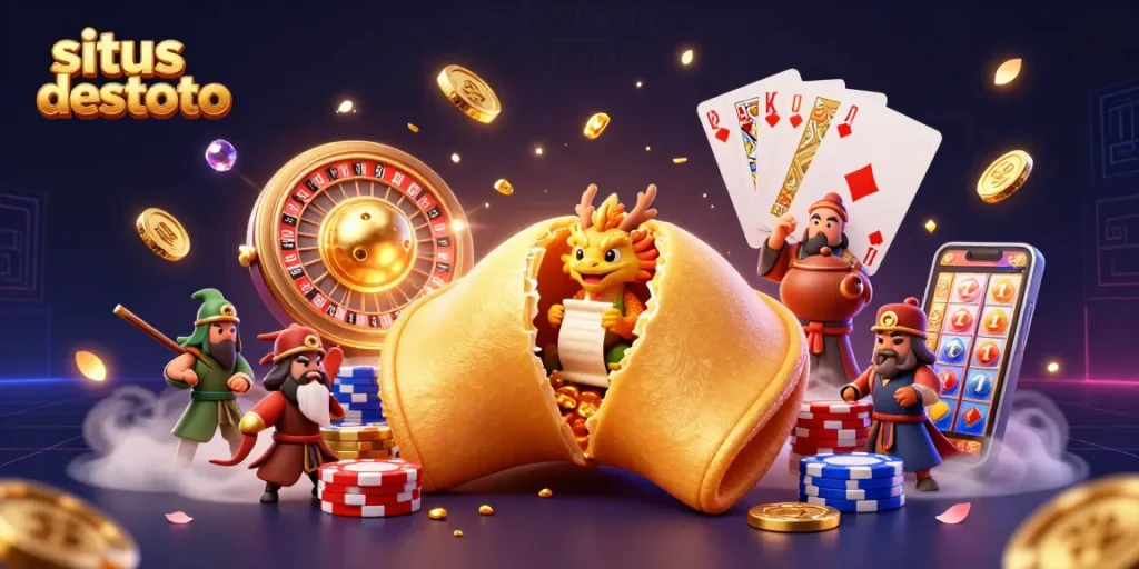 Experience excitement at situs destoto with a vibrant illustration of golden rewards and gaming adventures.