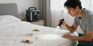 Bed bug heat treatment demonstrated in a Milwaukee home bedroom setting with signs of infestation.