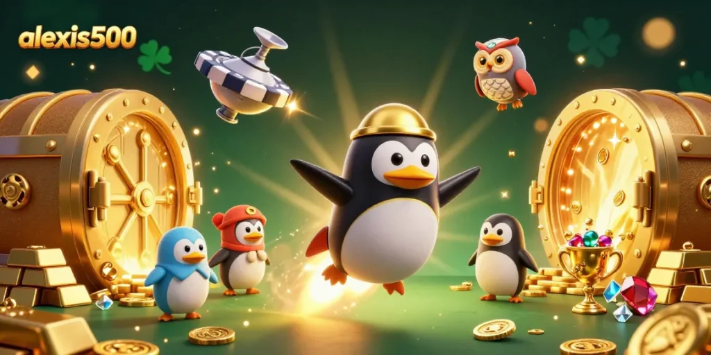 Experience the thrill of alexis500 with dynamic golden penguins and sparkling jackpots in a 3D casino adventure.