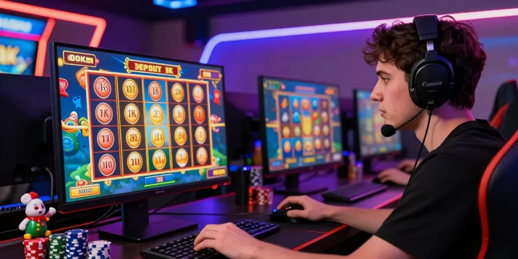 Engaging slot gaming setup showcasing a player experiencing slot deposit 1k excitement with colorful graphics and immersive ambiance.