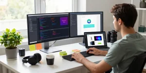 Frontend development with React workspace showcasing a developer coding and designing applications in an inspiring tech environment.