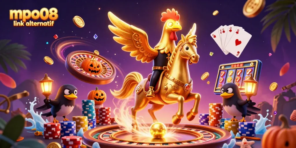 Spin to win with mpo08 link alternatif at this vibrant casino scene featuring golden rooster and jackpot elements.