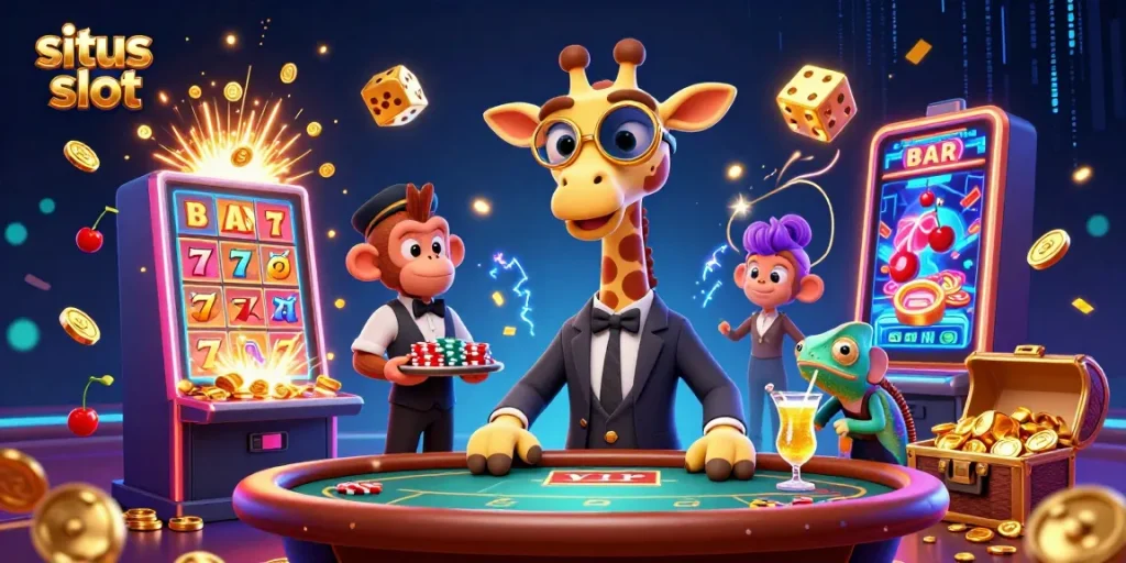 Experience thrilling wins at situs slot with a vibrant 3D casino scene of joyful characters and jackpot excitement.