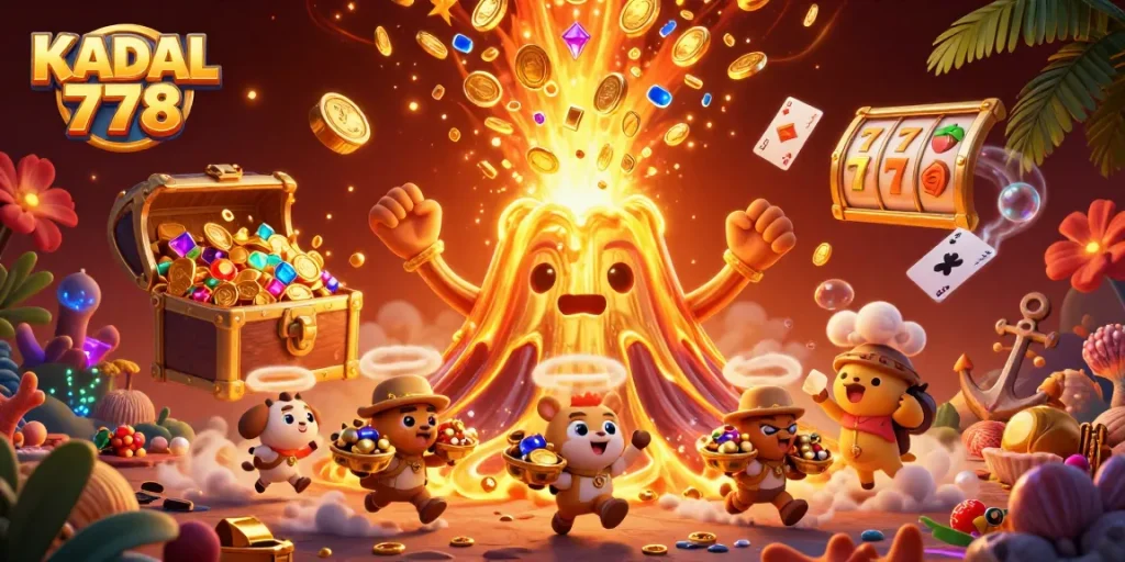 KADAL 778 showcases a dynamic online casino scene with a mystical volcano erupting treasures and slot reels.
