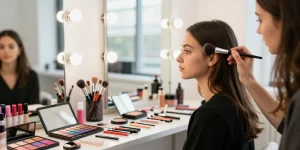 Applying makeup with makeup blending brushes in a chic beauty studio.