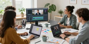Online video production certification course in action, with diverse students engaged in video editing, showcasing creativity in a modern home office.