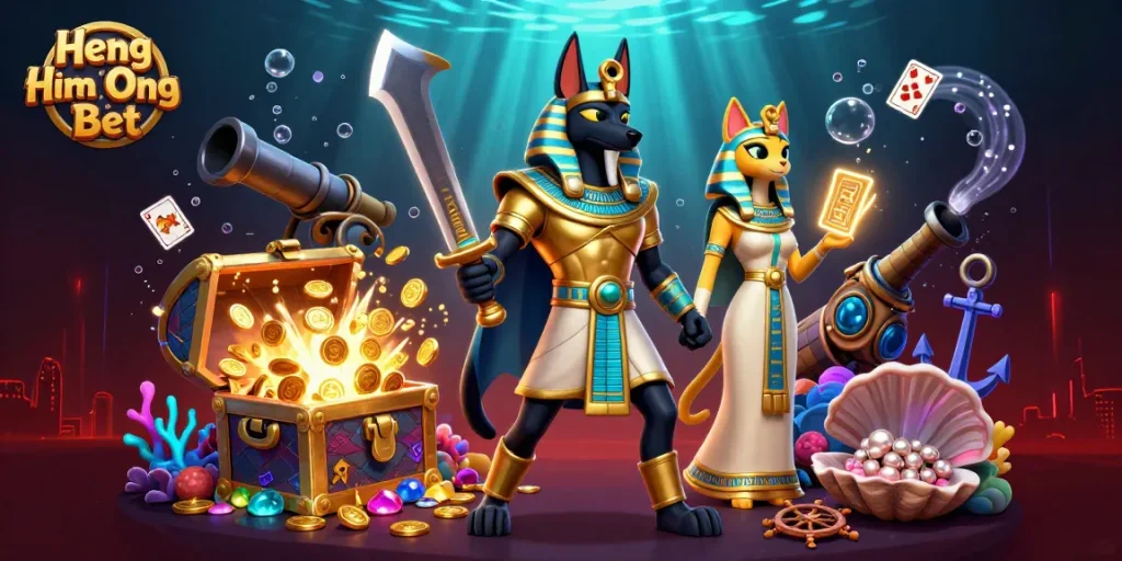 Engage in thrilling gameplay with Heng Ong Bet, showcasing ancient Egyptian characters amidst vibrant casino elements.