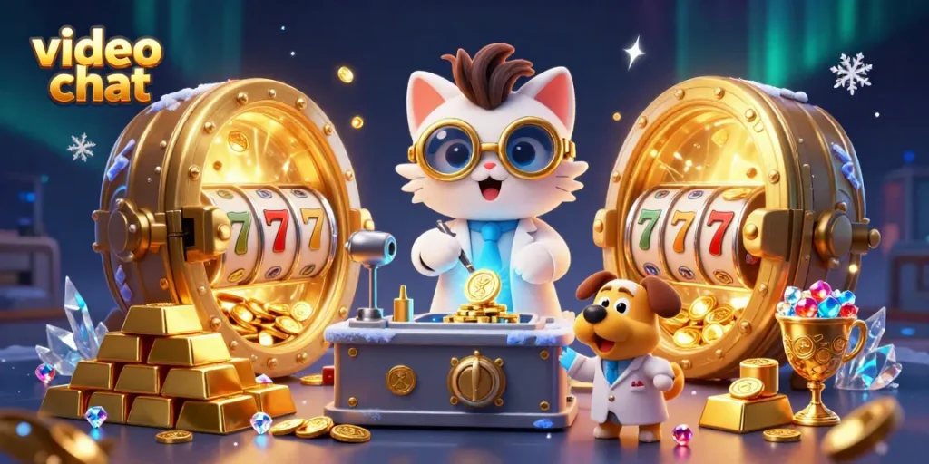 Experience thrilling video chat interactions while engaging with lively slot machine elements and vibrant casino visuals.