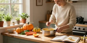 Genießen Sie den Moment, während Sie Suppe kaufen, mit einem Koch, der eine köstliche Herbstsuppe in einer warmen Küche zubereitet.