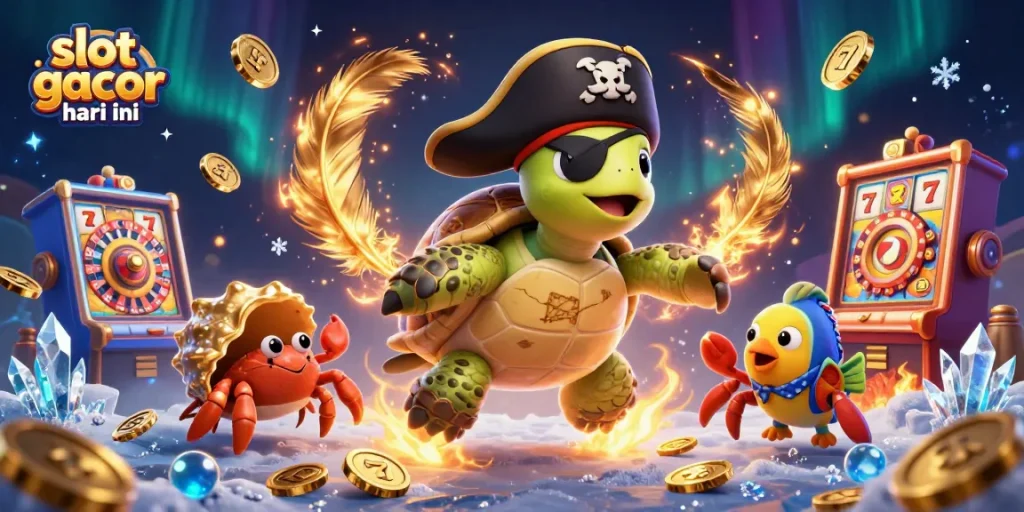 Slot gacor hari ini menampilkan karakter kartun 3D dengan mesin slot dan koin emas yang berputar.