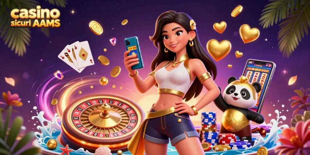 Una cascata di elementi vivaci dai casinò sicuri non AAMS, con una donna che tiene uno smartphone in un ambiente di gioco vivace.