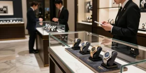 Showcase of replica watches including Rolex and Audemars Piguet in a luxury retail setting.