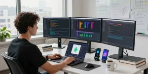 Developer in modern workspace learning dependency injection with Hilt while coding on multiple screens