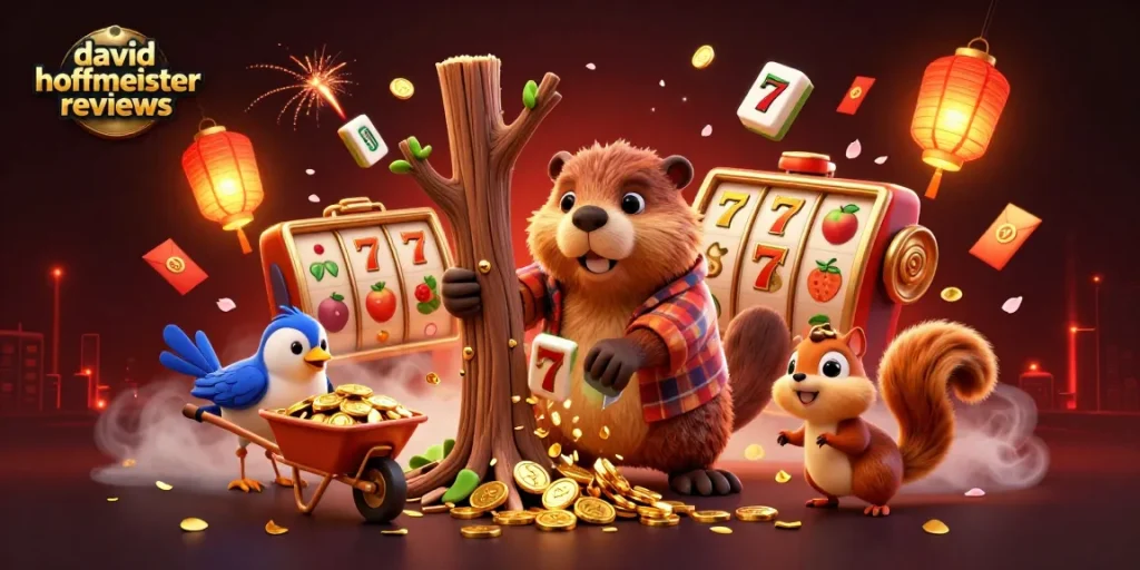 Spin the reels with david hoffmeister reviews as beavers collect golden coins in this vibrant casino-themed scene.