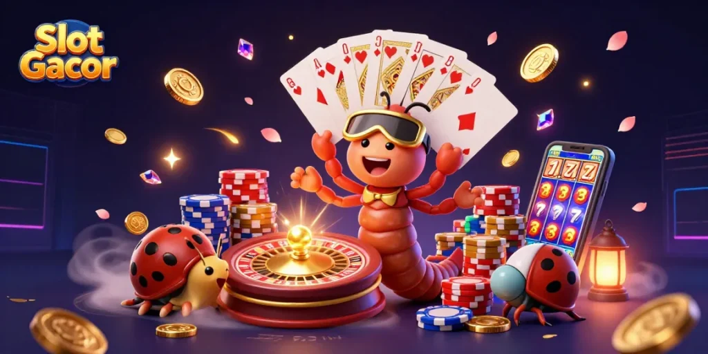 Engage with the thrilling Slot Gacor, featuring whimsical 3D characters in a vibrant casino scene.
