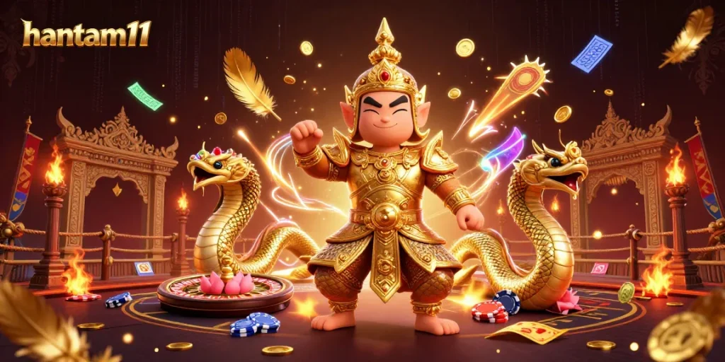 Engage with the vibrant world of hantam11, featuring dynamic online casino gameplay elements and a stunning guardian scene.