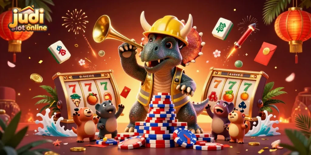 Judi slot online memberikan keseruan dengan simbol jackpot dan chip poker dalam ilustrasi menarik.