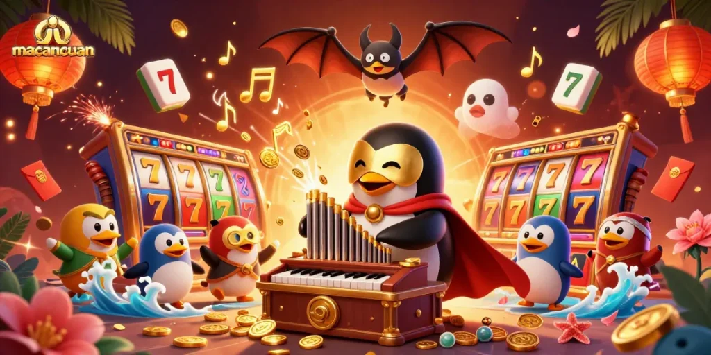 Memainkan macancuan dengan simbol jackpot dan slot yang berkilau dalam ilustrasi penuh warna.