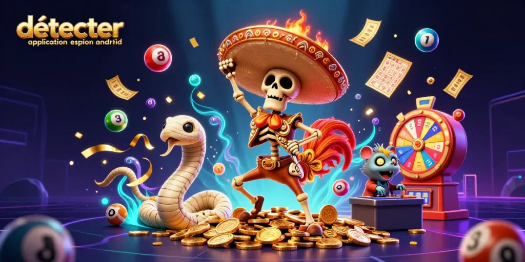 détecter application espion android avec un personnage de casino vivant entouré de jetons dorés et de boules de loterie colorées