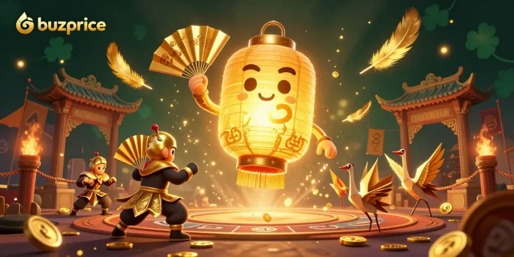 Buzprice illuminates the casino scene with vibrant action, featuring a golden lantern spirit and dynamic game elements.