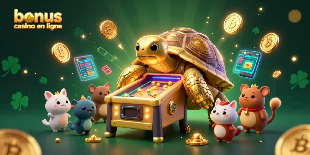 Profitez des bonus de casino en ligne avec cette illustration d'une tortue géante jouant au flipper.