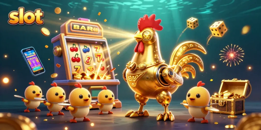 Slot dengan robot ayam emas futuristik dan mesin slot meledak koin di suasana kasino.