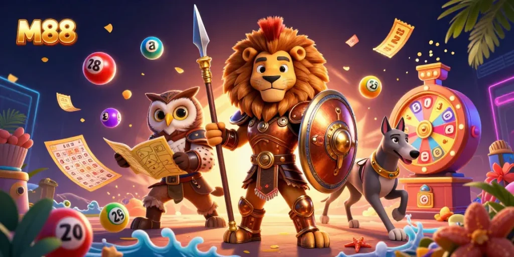 M88 offers thrilling gameplay with vibrant lottery elements and a heroic lion character.