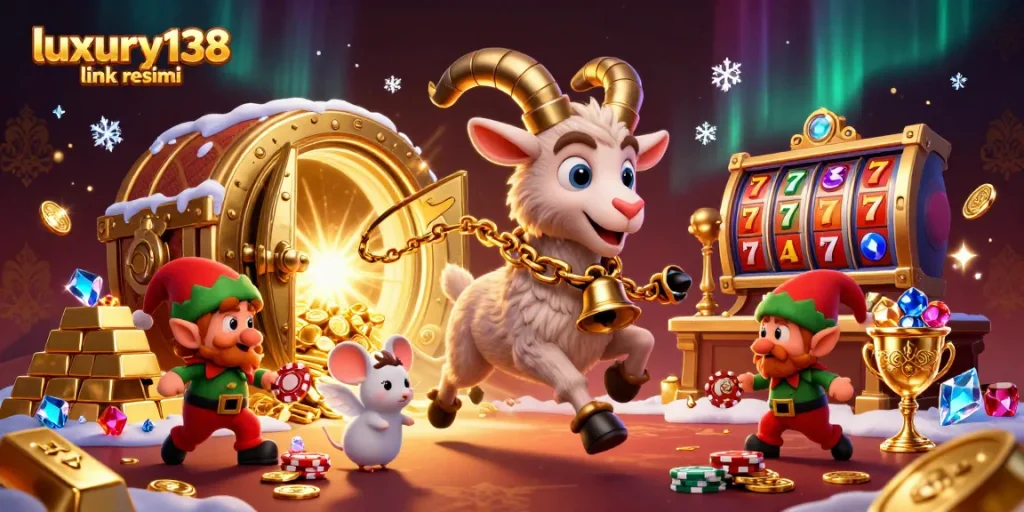 Play and win at luxury138 link resmi with festive characters in a dynamic casino scene.