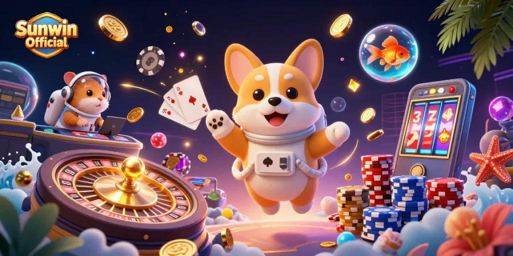 Engage with Sunwin Official in this vibrant cosmic casino scene filled with excitement.