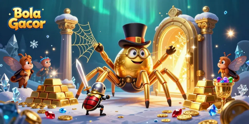 Bola Gacor showcases an epic scene of a golden tarantula and a knight in a vibrant casino world filled with treasures.