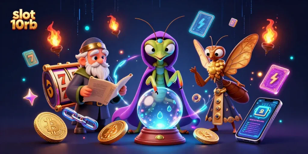 Spin the thrilling slot 10rb reels with vibrant characters and glowing cryptocurrency elements.
