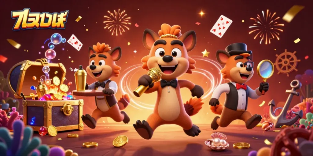 Experience แทงบอล excitement with our lively hyena casino scene showcasing humor, drinks, and ID checks.