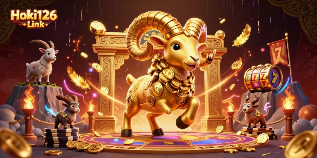 Play and win big with Hoki126 Link in an exhilarating casino scene featuring a golden ram and slots.
