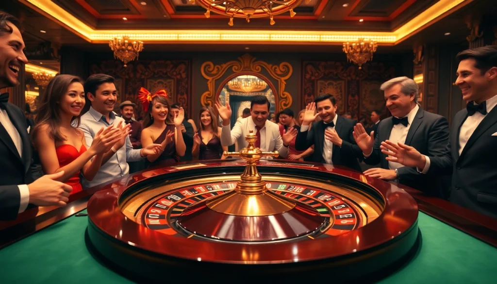 Menampilkan kasino KUY4D yang megah dengan meja roulette dan pemain yang bersemangat.