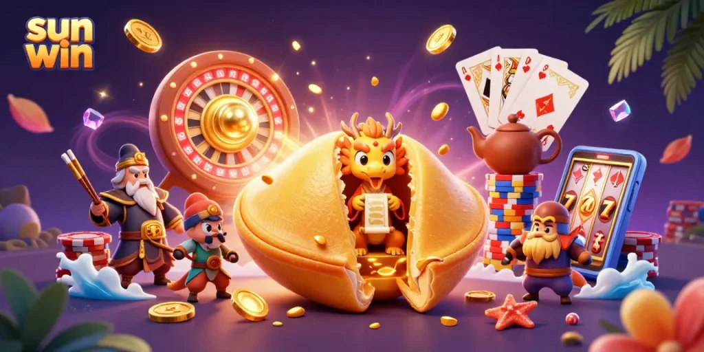 Engage with sun win's casino adventure featuring animated elements like dragon-read fortunes and vibrant gaming symbols.