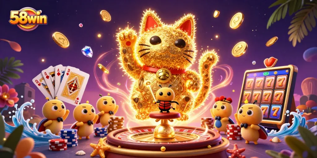 Experience the vibrant energy of 58win through this colorful illustration showcasing a lucky cat and casino elements.