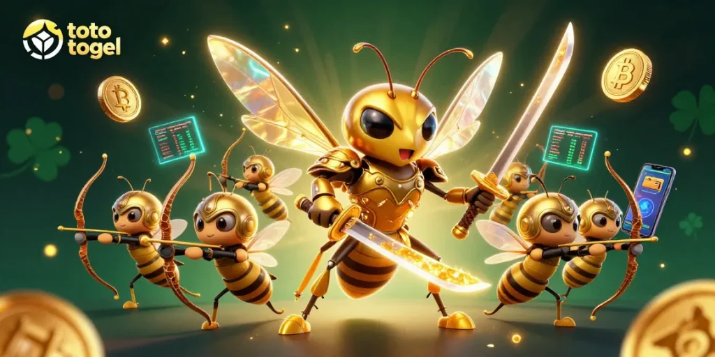 Experience toto togel excitement with a vibrant 3D illustration of winning characters and dynamic casino elements.