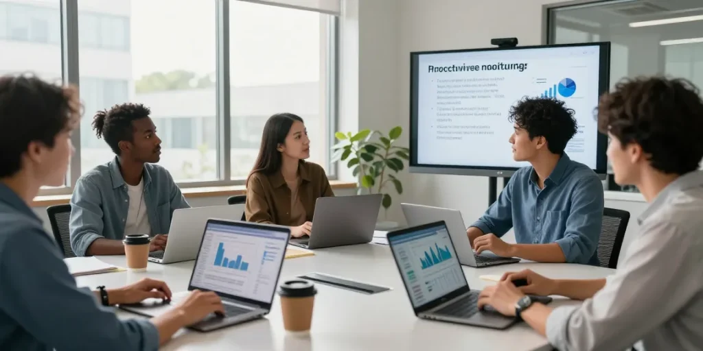 IT support for business meeting showcasing diverse professionals discussing proactive IT solutions in a modern office.