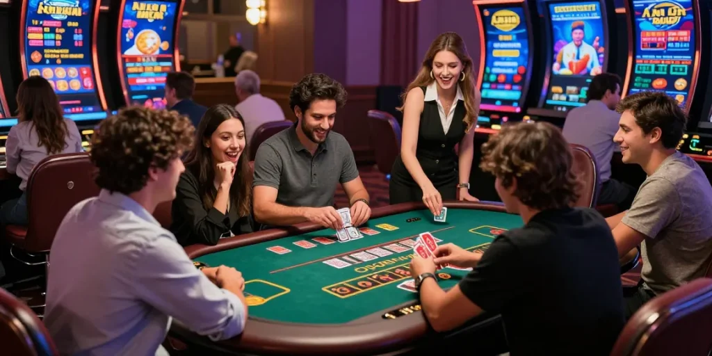 Andar Bahar King live casino scene with players and dealer in action.