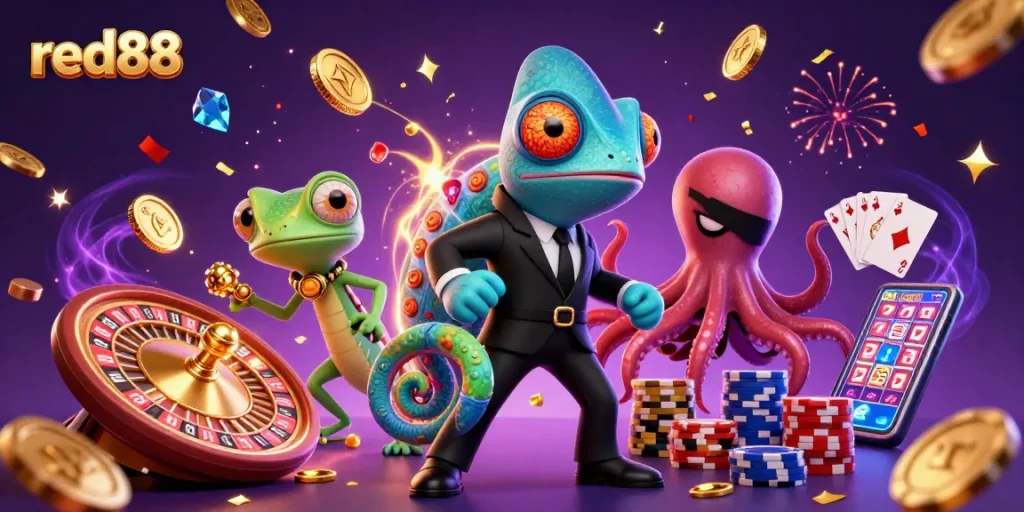 Experience the excitement of red88 with agile characters and vibrant casino elements in a stunning 3D scene.
